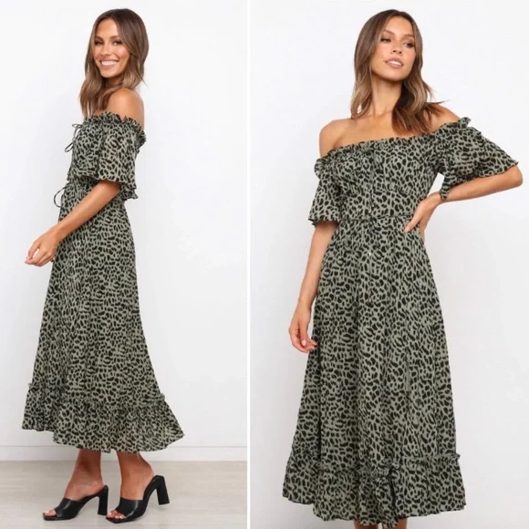Petal & Pup Remy Dress Emerald Size 8 Animal Print Off The Shoulder Ruffle Midi - Picture 15 of 15